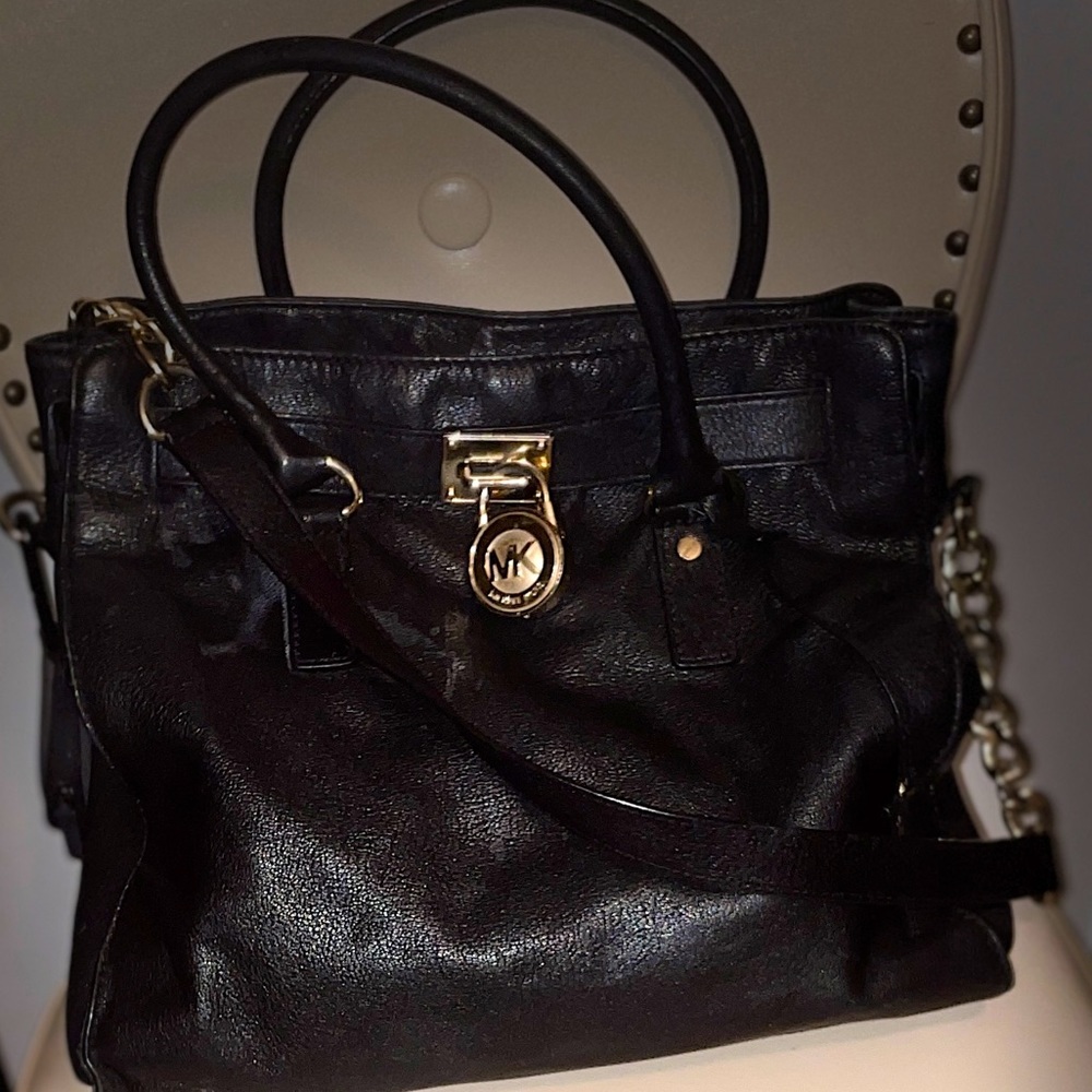 Michael Kors Black Leather Hamilton Satchel Tote Bag